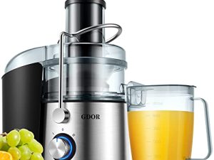 عصارة GDOR 1200 واط مع قرص تقطيع محسّن من التيتانيوم ، آلات عصارة أكبر 3 بوصات للفواكه والخضروات الكاملة ، عصارة طرد مركزي مع إبريق عصير 40 أونصة ، خالية من البيسفينول ، سهلة التنظيف ، فضية