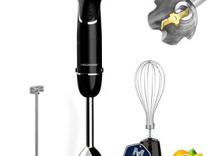 MegaWise Pro Titanium Reinforced 3-in-1 خلاط يدوي ، قوي مع شفرات أكثر حدة بنسبة 80٪ ، خلاط سلكي 12 سرعة ، بما في ذلك خفقان وإزباد الحليب (3 في 1 أسود)