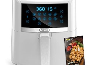 مقلاة هوائية بيضاء ، فرن WETIE 7.5 كوارت ، طباخ بدون زيت ، 1700 وات مقالي هواء ساخن مع شاشة رقمية تعمل باللمس ، 10 طهي مسبق الإعداد ، سلة غير لاصقة ، مناسبة للعائلات الكبيرة ، الوصفة متضمنة ، أبيض
