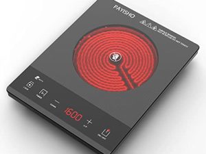 PAYISHO 1600W موقد كهربائي واحد ، موقد كهربائي محمول للطبخ ، موقد الأشعة تحت الحمراء ، إعداد 24 ساعة ، سطح زجاجي كريستالي رمادي متوافق مع جميع أدوات الطهي رمادي
