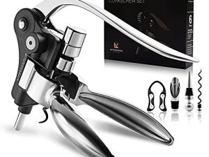 فتاحة النبيذ ، KITESSENSU Easy Lever Wine Corkscrew مع دودة غير لاصقة ، مجموعة فتاحة زجاجات نبيذ مكونة من 6 قطع مع قاطع رقائق معدنية ، سدادة زجاجة ، مدفق ، برغي فلين إضافي وقاعدة ، فضي