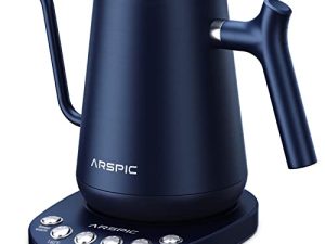 غلاية Arspic Electric Gooseneck غلاية تسكب فوق غلاية القهوة والشاي مع 5 إعدادات مسبقة للتحكم في درجة الحرارة ، وغطاء داخلي من الفولاذ المقاوم للصدأ بتصميم مقاوم للتسرب ، و 1000 وات للتسخين السريع ووظيفة الحفاظ على الدفء ، 0.8 لتر