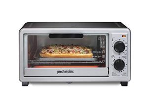 Proctor Silex 4 Slice Countertop Toaster Oven ، متعدد الوظائف مع الخبز والخبز المحمص والفروج ، 1100 وات ، مؤقت 30 دقيقة وإغلاق تلقائي ، يتضمن وعاء دعم ورف ، أسود وفضي (31260)