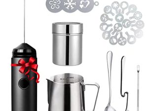 مجموعة فن القهوة المحمولة من Milk Frother - مع إبريق رغوة الحليب ، مسحوق الكاكاو شاكر ، قلم فن اللاتيه ، إستنسل القهوة ، ملاعق القهوة