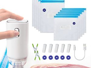 أكياس Sous Vide 24 قطعة ، آلة ختم الفراغ الكهربائية FINWAY وأكياس بسحاب قابلة لإعادة الاستخدام للطبخ وتخزين الطعام ، سدادة تفريغ الهواء مع 10 أكياس بسحاب ، 2 مشابك طبخ و 5 مشابك بسحاب