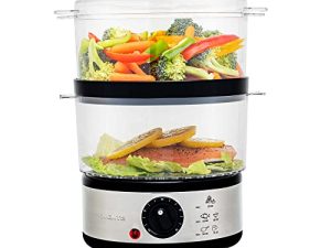 Ovente Electric Food Steamer 5 Quart with 2 Tierable BPA-free Baskets، 400W Stainless Steel Base، Auto Shut-Off and 60-Minute Timer ، تبخير سريع مثالي للخضروات والأسماك ، فضي FS62S