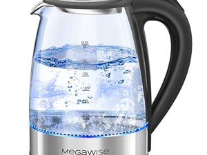 غلاية كهربائية MegaWise 1500W ، غلاية شاي زجاجية من البورسليكات سعة 1.8 لتر مع ضوء LED ، وإيقاف تلقائي وحماية من الغليان والجفاف ، غلاية لاسلكية ، غليان سريع ، خالية من مادة BPA