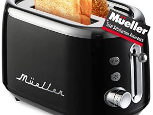 Mueller Retro Toaster 2 Slice with 7 Browning Levels and 3 Functions: Reheat، Defrost & Cancel، Stainless Steel Tray Tray Removable Tray، Under Base Cord Storage، أسود