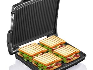 Panini Press Grill ، Yabano Gourmet صانع السندوتشات ، لوحات مطلية غير لاصقة 11 بوصة × 9.8 بوصة ، تفتح 180 درجة لتناسب أي نوع أو حجم من الطعام ، سطح من الفولاذ المقاوم للصدأ وصينية تنقيط قابلة للإزالة ، 4 شرائح