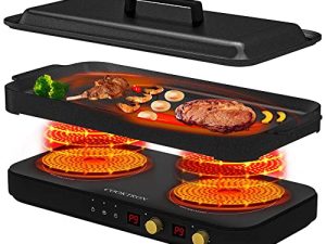 موقد COOKTRON محمول يعمل بالحث 2 شعلة مع مقلاة من الحديد الزهر قابلة للإزالة غير لاصقة ، موقد بتحريض مزدوج 1800 وات مع قفل أمان للأطفال والوقت ، رائع للحفلات العائلية