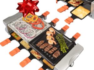 شواية طاولة الراكليت المزدوجة من MasterChef مع لوحة شواء غير لاصقة وحجر الطبخ - 8 أشخاص طباخ كهربائي للحفلات للشواء الكوري - جبن ذائب وطهي اللحوم والخضروات مرة واحدة - (19 × 8 بوصة) هدية الأعياد