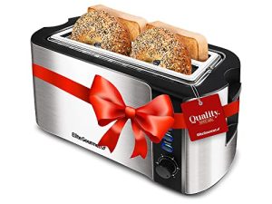 Elite Gourmet ECT-3100 Long Slot 4 Slice Toaster، Reheat، 6 Toast Settings، Defrost، Cancel Functions رف تدفئة مدمج ، فتحات واسعة جدًا للبيجل والفطائر ، الفولاذ المقاوم للصدأ والأسود